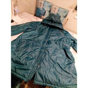 teal snap button Quilted puffer jacket Attached hood Rain coat 2XL‎ Lightweight